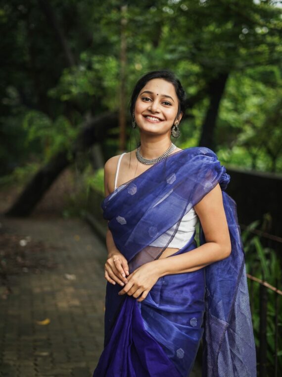 Solid Blue Half And Half Cotton Silk Saree With Small Butti Weave (3)