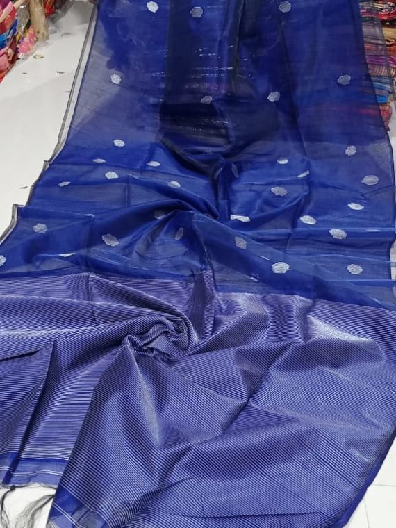 Solid Blue Half And Half Cotton Silk Saree With Small Butti Weave