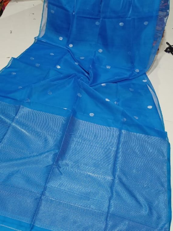 Striking Blue Half And Half Cotton Silk Saree With Small Butti Weave