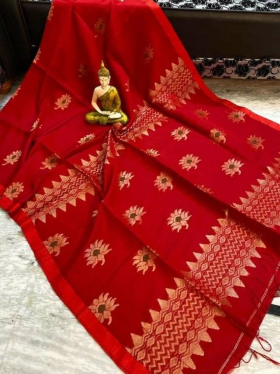 Striking Red Lotus Design Handwoven Cotton Linen Saree