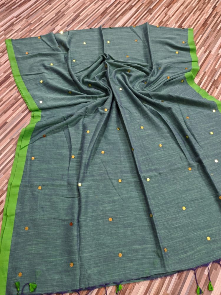 Striking Teal Green Grey Pure Cotton Sequin Saree With Green Border