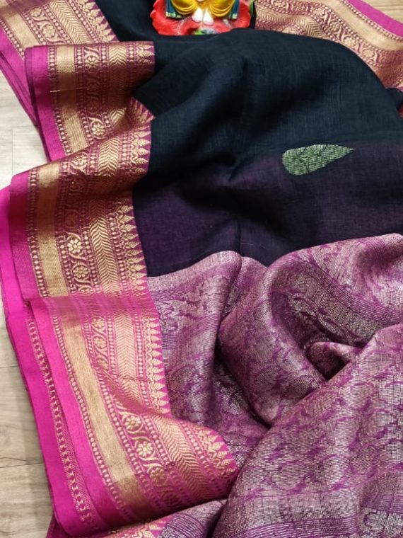 Stunning Black Linen Banarasi Design Handwoven Saree With Golden Pink Border