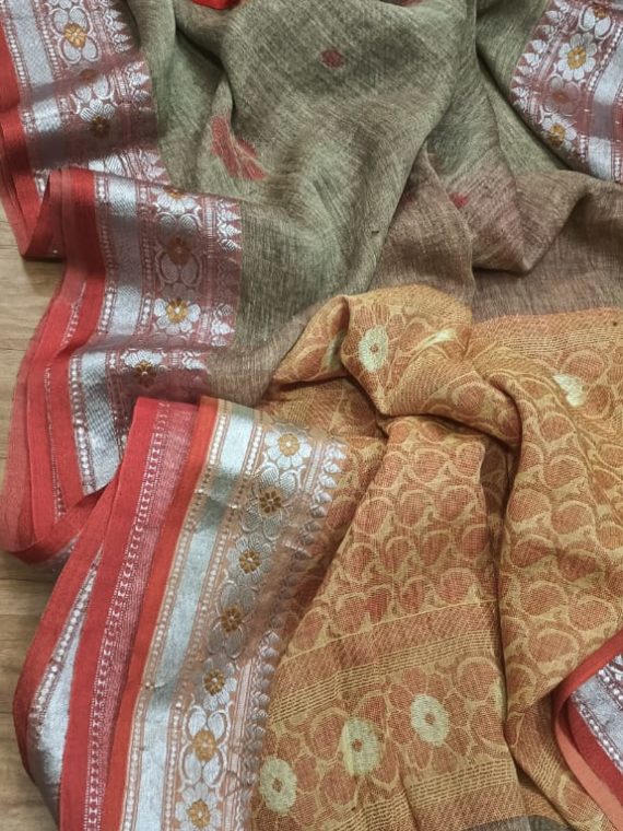 Subtle Mehendi Green Linen Banarasi Design Handwoven Saree With Silver Red Border