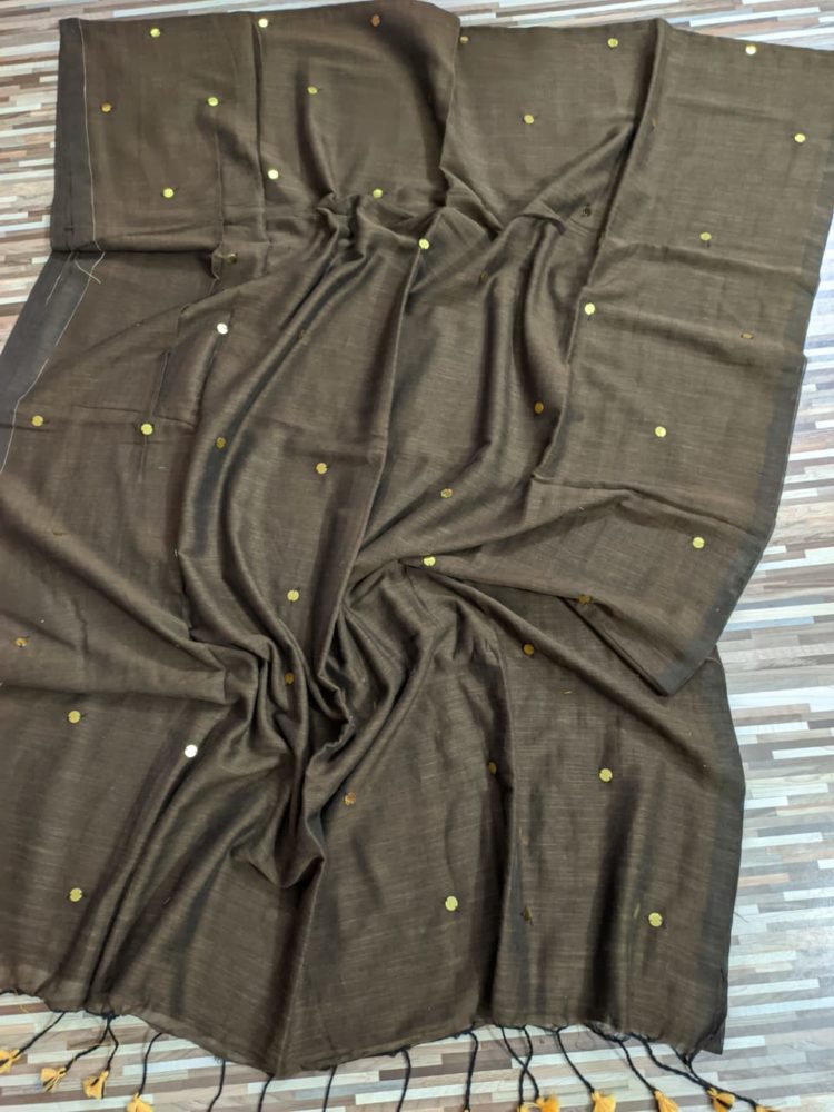 Warm Brownish Grey Pure Cotton Sequin Saree With Dark Shade Border