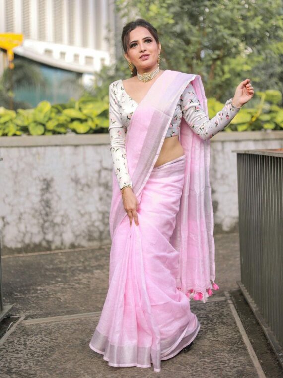 Baby Pink plain Linen Saree with Silver Border