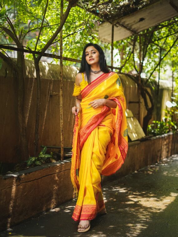 Attractive Yellow Linen Handloom Saree with Banarsi Design