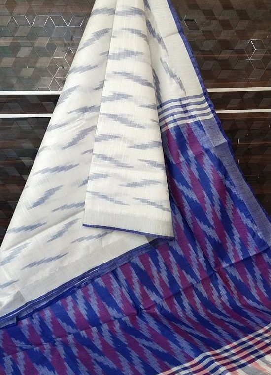 White Blue Red Fusion Ikkat Weave Pure Cotton Saree With Silver Border