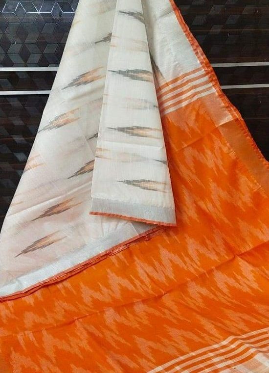 White Orange Green Fusion Ikkat Weave Pure Cotton Saree With Silver Border