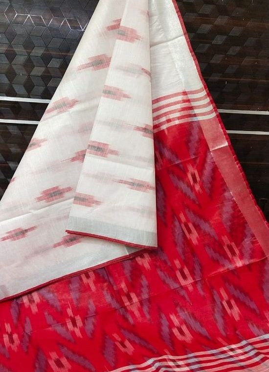 White Red Fusion Ikkat Weave Pure Cotton Saree With Silver Border