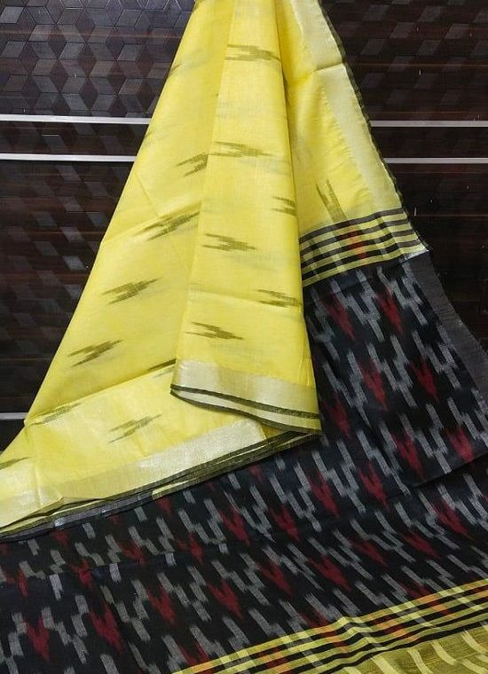 Yellow Black Fusion Ikkat Weave Pure Cotton Saree With Silver Border