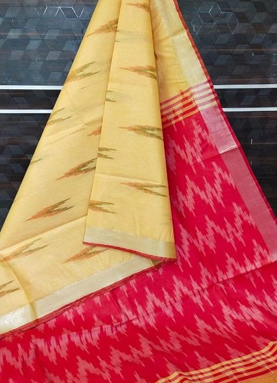 Yellow Red Fusion Ikkat Weave Pure Cotton Saree With Silver Border