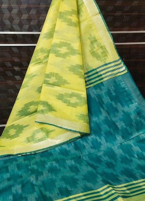 Yellow Teal Blue Ikkat Weave Pure Cotton Saree With Silver Border