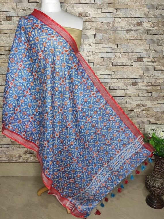 Blue Patola Design Red Border Digital Print Linen Dupatta