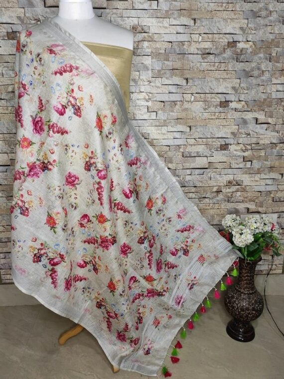 Calming Beautiful White Floral Digital Print Linen Dupatta