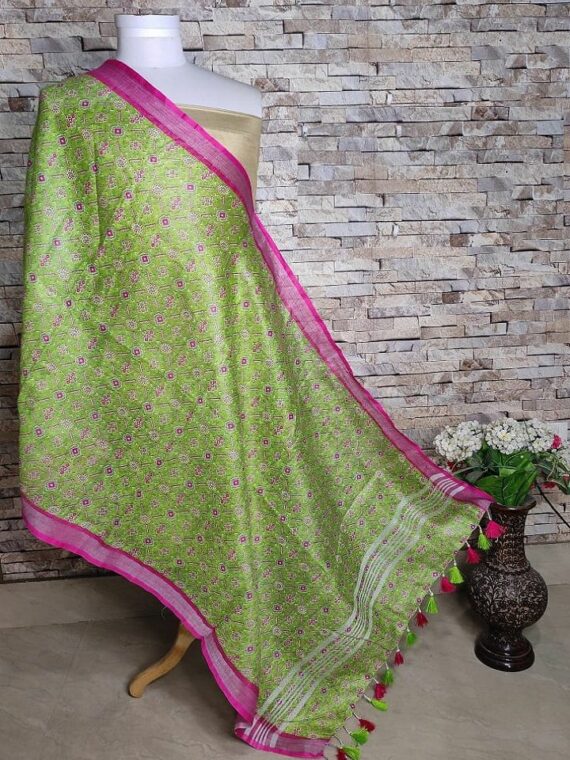 Green Patola Design Pink Border Digital Print Linen Dupatta