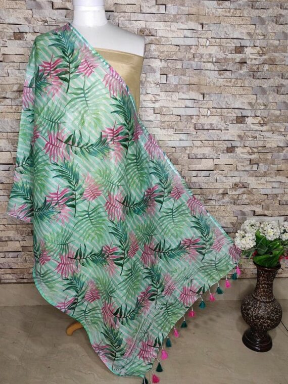 Harmonious Leaf Stripe Design Digital Print Linen Dupatta