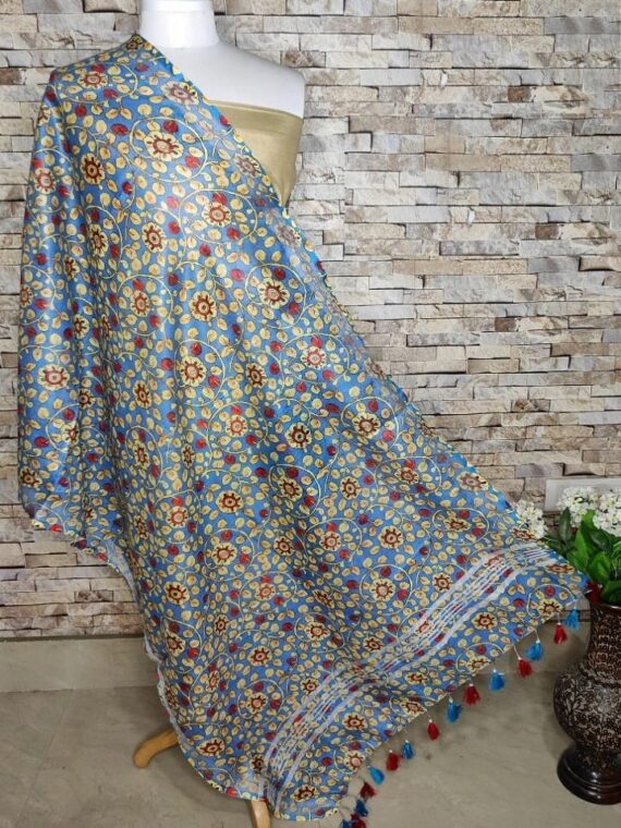 Heavenly Blue Floral Leaf Design Digital Print Linen Dupatta