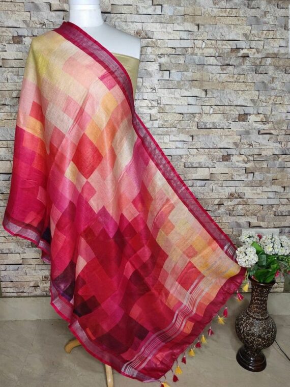 Higher Dimensional Design Pink Border Digital Print Linen Dupatta