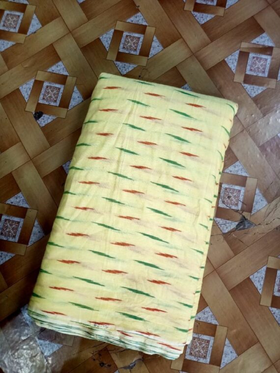 Light Yellow With Green Red Blend Ikkat Cotton Weave Fabric By Meter