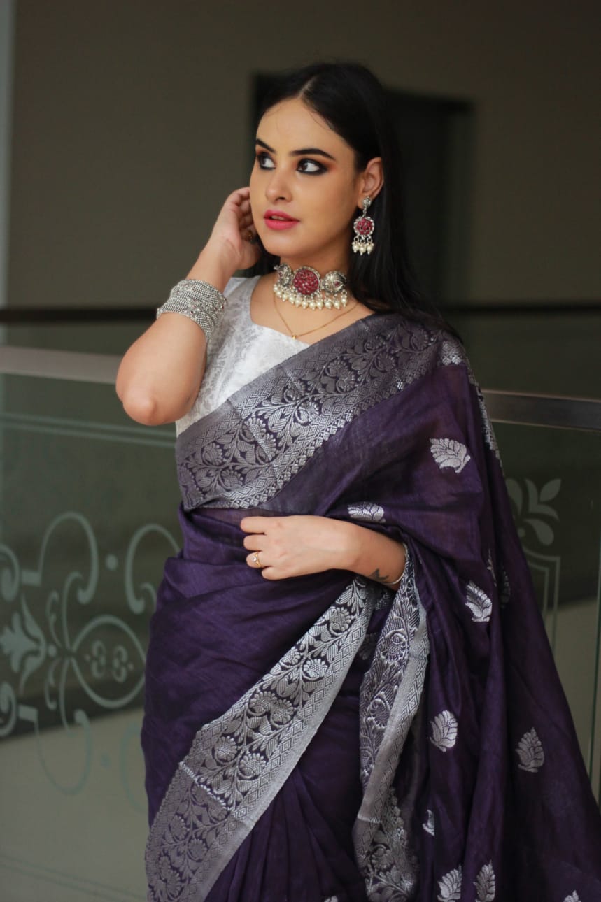 Luminous Dark Purple Banarasi Linen Saree with Silver Zari Border - Loomfolks