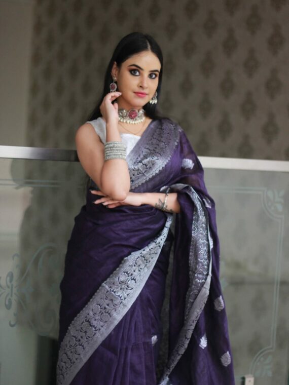 Luminous Dark Purple Banarasi Linen Saree with Silver Zari Border (6)