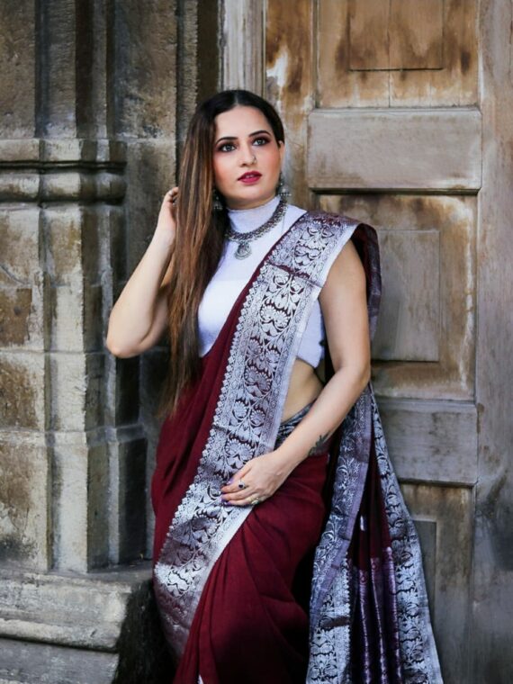 Lustrous Burgundy Banarasi Linen Saree with Silver Zari Border (2)