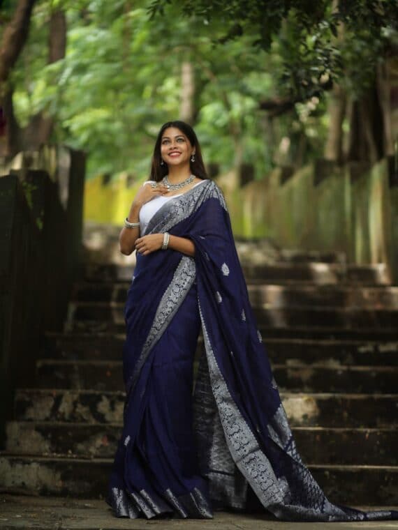 Magnificent Royal Blue Banarasi Linen Saree with Silver Zari Border (5)