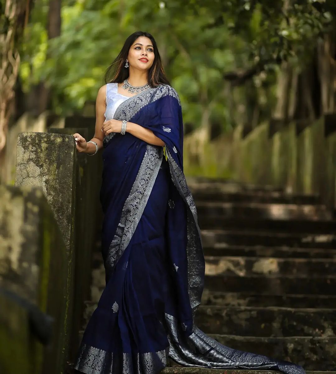 Magnificent Royal Blue Banarasi Linen Saree with Silver Zari Border -  Loomfolks