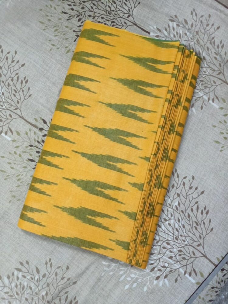 Mango Yellow Green Blend Ikkat Cotton Weave Fabric By Meter