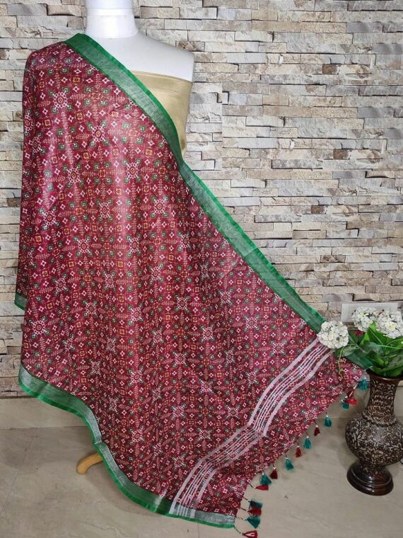 Maroon Patola Design Green Border Digital Print Linen Dupatta