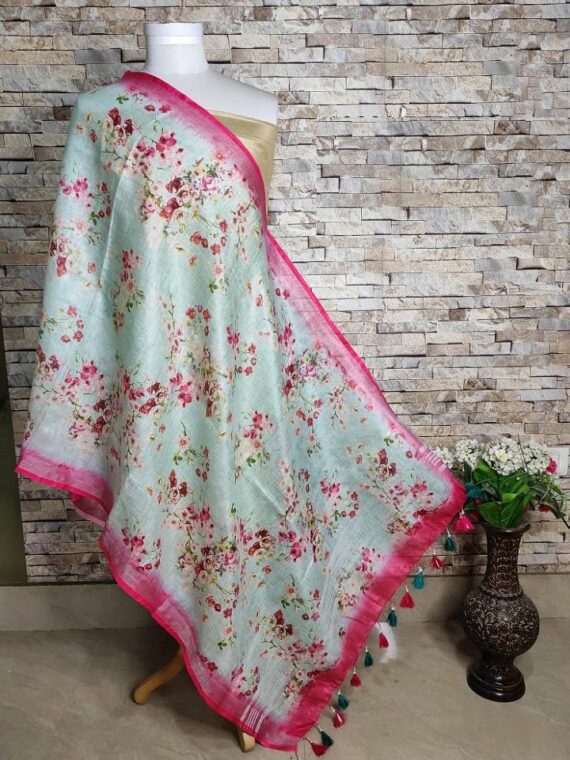 Mystic Green Floral Design Pink Border Digital Print Linen Dupatta