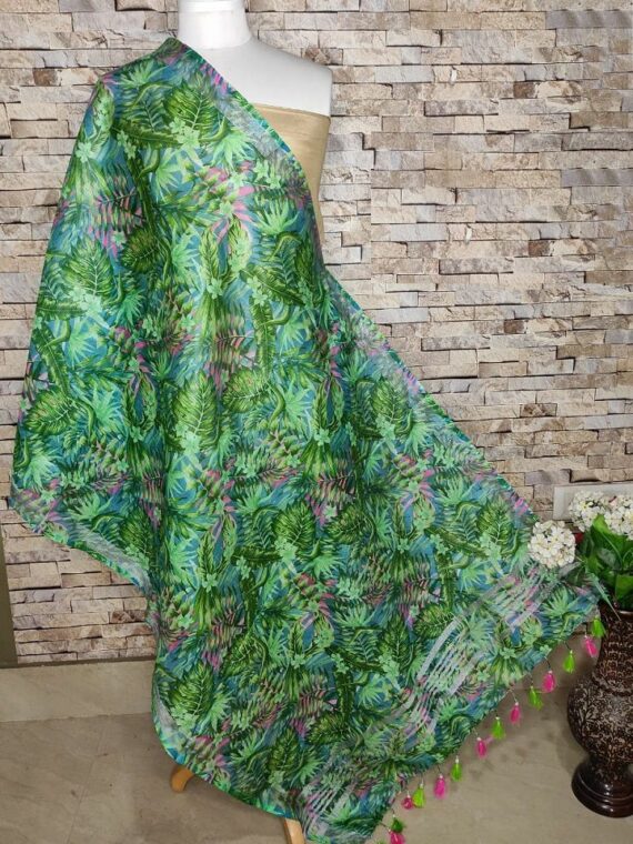 Natural Forest Feel Leaf Design Digital Print Linen Dupatta