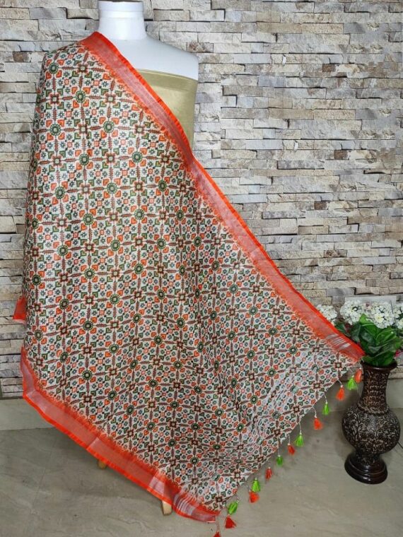 Patola Design Orange Border Digital Print Linen Dupatta