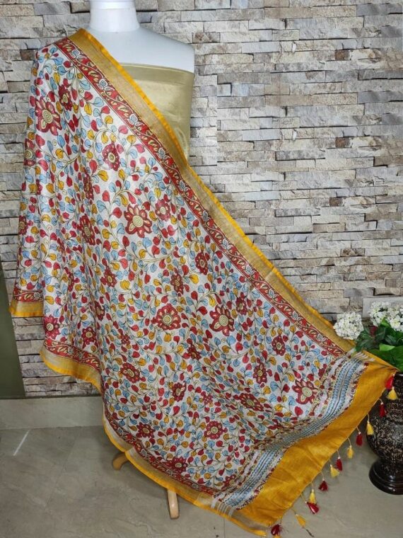 Serene Floral Design Yellow Border Digital Print Linen Dupatta