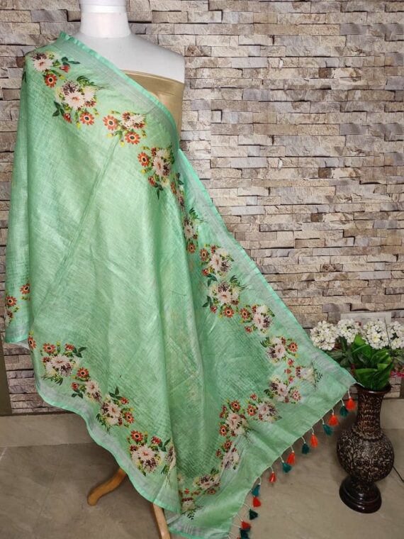 Simple Pastel Green Floral Design Silver Border Digital Print Linen Dupatta