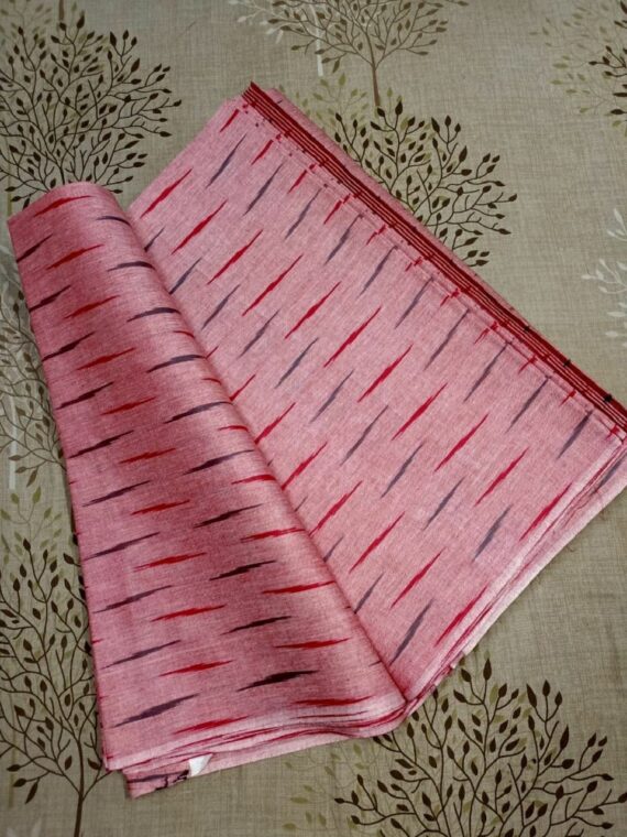 Subtle Red Ikkat Cotton With Black Red Stripes Weave Fabric By Meter