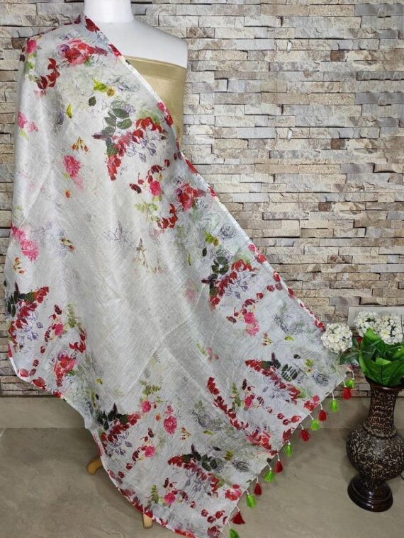 Subtle Relaxing White Floral Digital Print Linen Dupatta