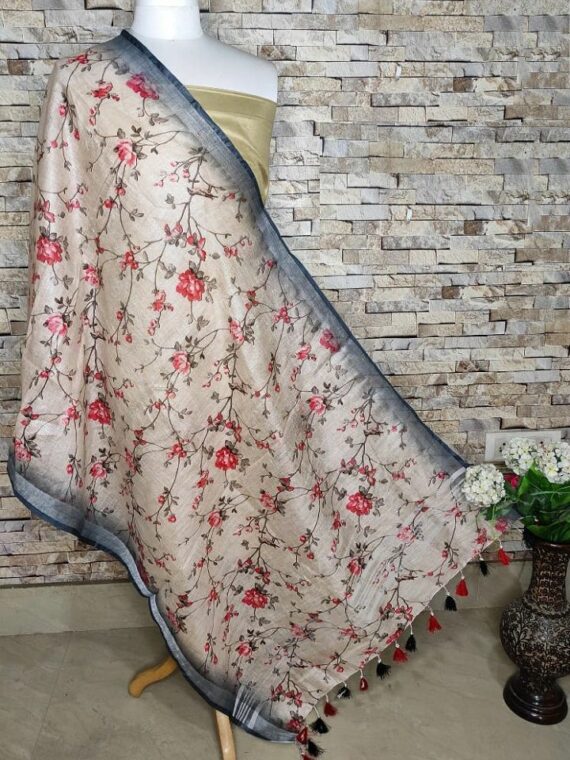 Tranquil Cream Floral Leaf Design Digital Print Linen Dupatta