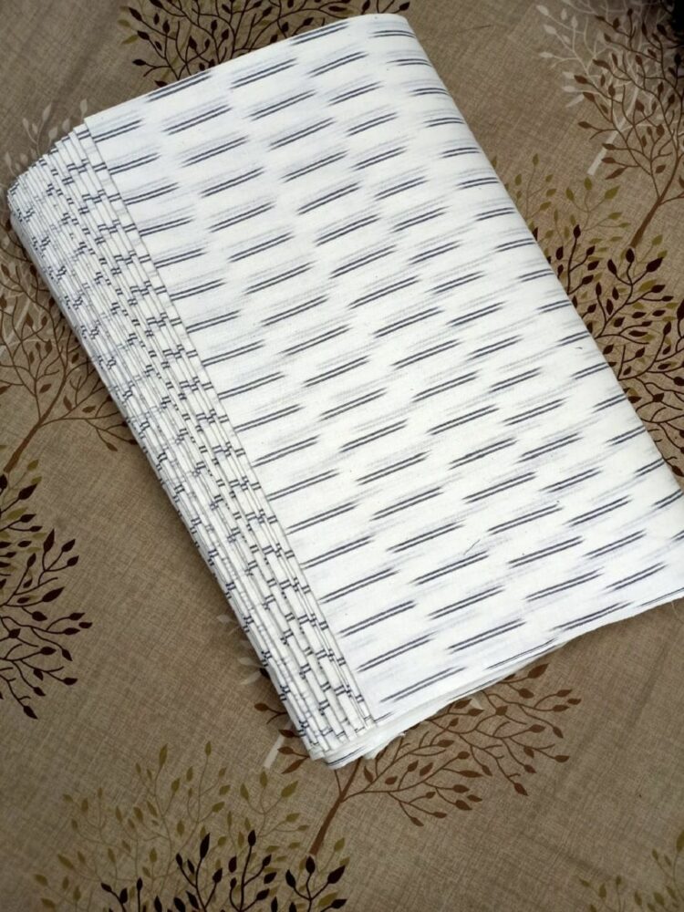 White Ikkat Cotton With Black Stripes Weave Fabric By Meter