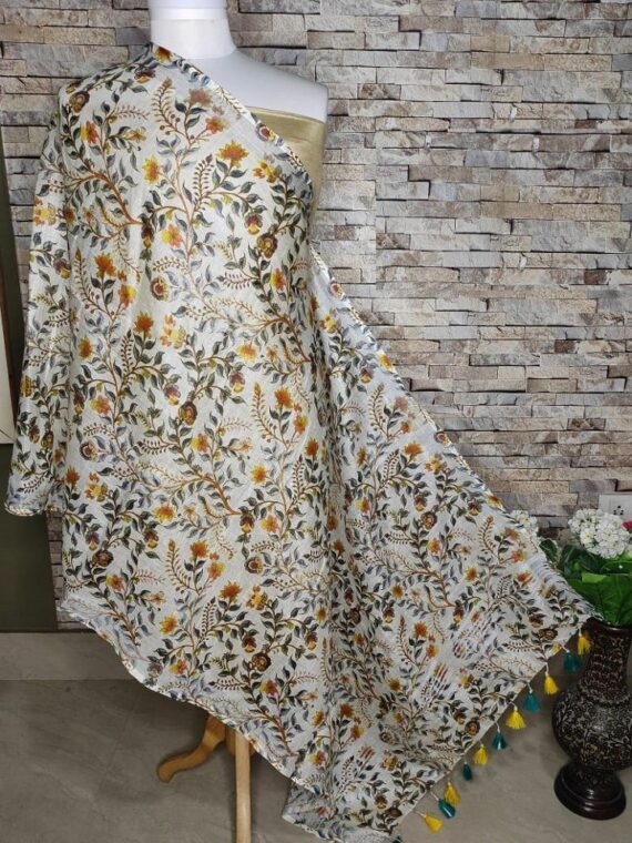 White Visible Heavenly Floral Leaf Design Digital Print Linen Dupatta