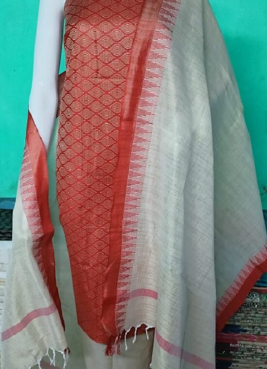 Alluring Red Katan Silk Woven Dress Material With Cotton Bottom Dupatta