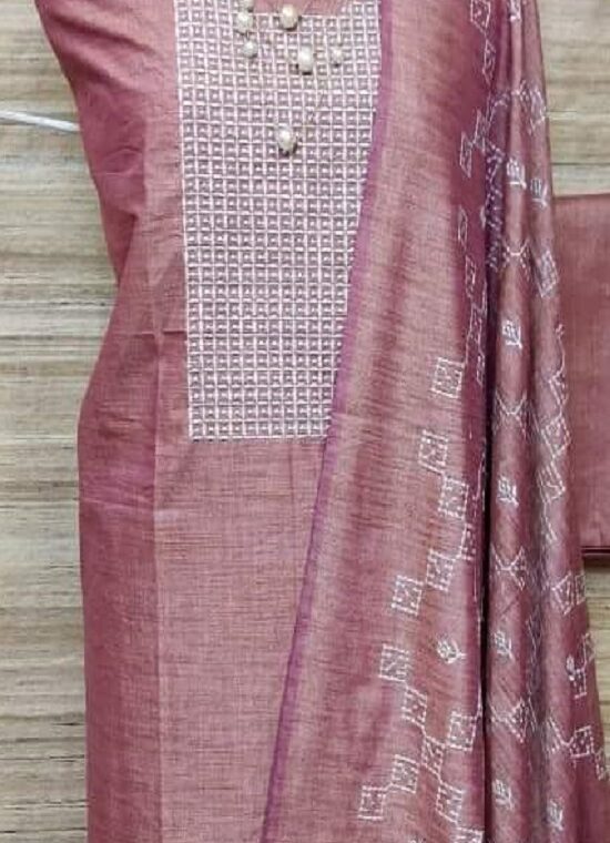 Attractive Copperish Pink Cotton Silk Embroidery Dress Material With Plain Bottom