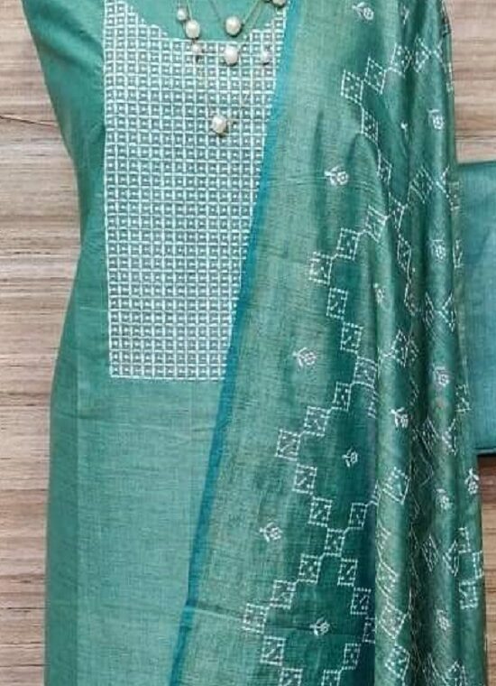 Attractive Teal Green Cotton Silk Embroidery Dress Material With Plain Bottom