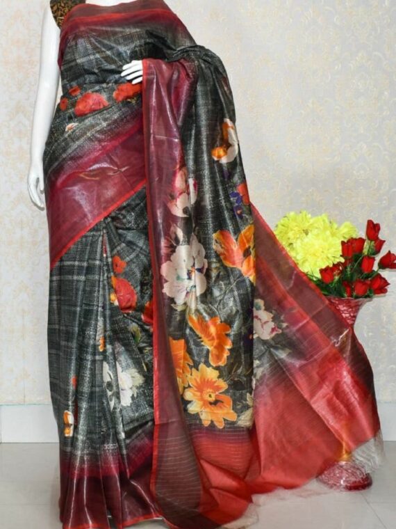 Awesome Black Artistic Design Tussar Muga Digital Print Linen Saree