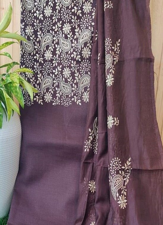 Awesome Maroon Embroidery Work Katan Silk Top Dupatta With Plain Bottom