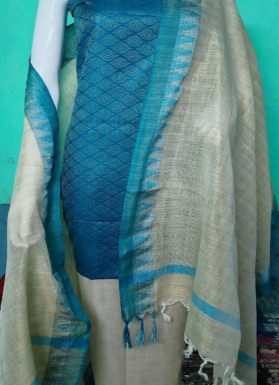 Beautiful Blue Katan Silk Woven Dress Material With Cotton Bottom Dupatta