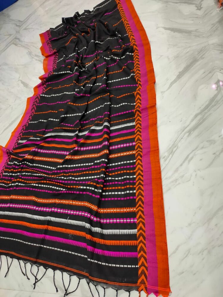 Black With Pink Orange Stripe Pattern Handwoven Cotton Saree