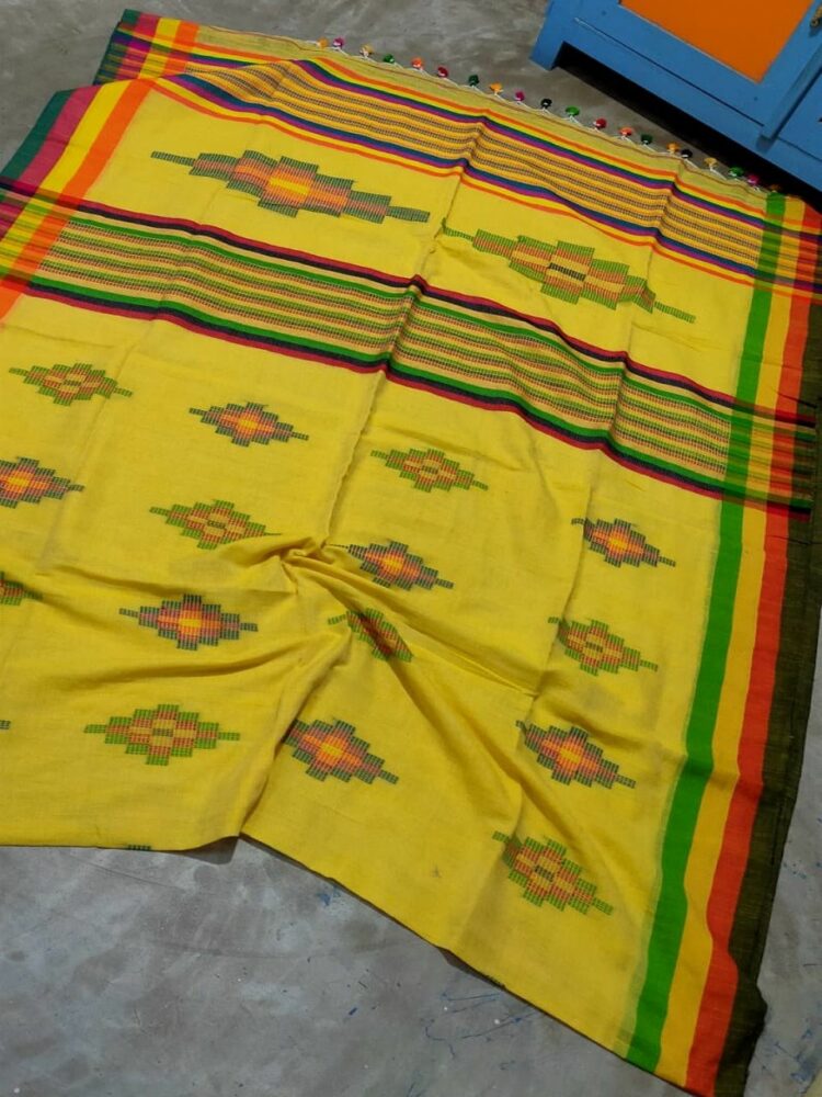 Bright Yellow Geometrical Design Handwoven Cotton Saree