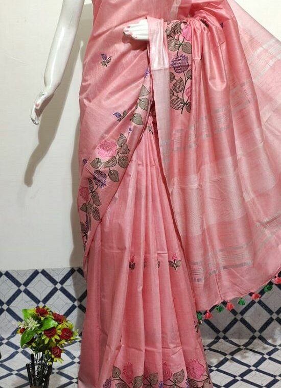 Calming Peach Pink Floral Embroidery Linen Saree