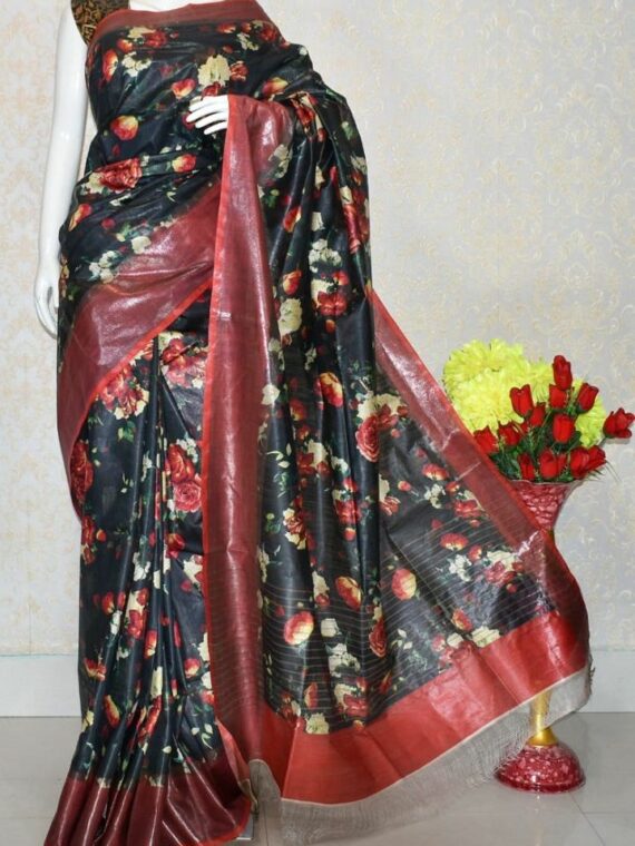 Captivating Black Floral Design Tussar Muga Digital Print Linen Saree